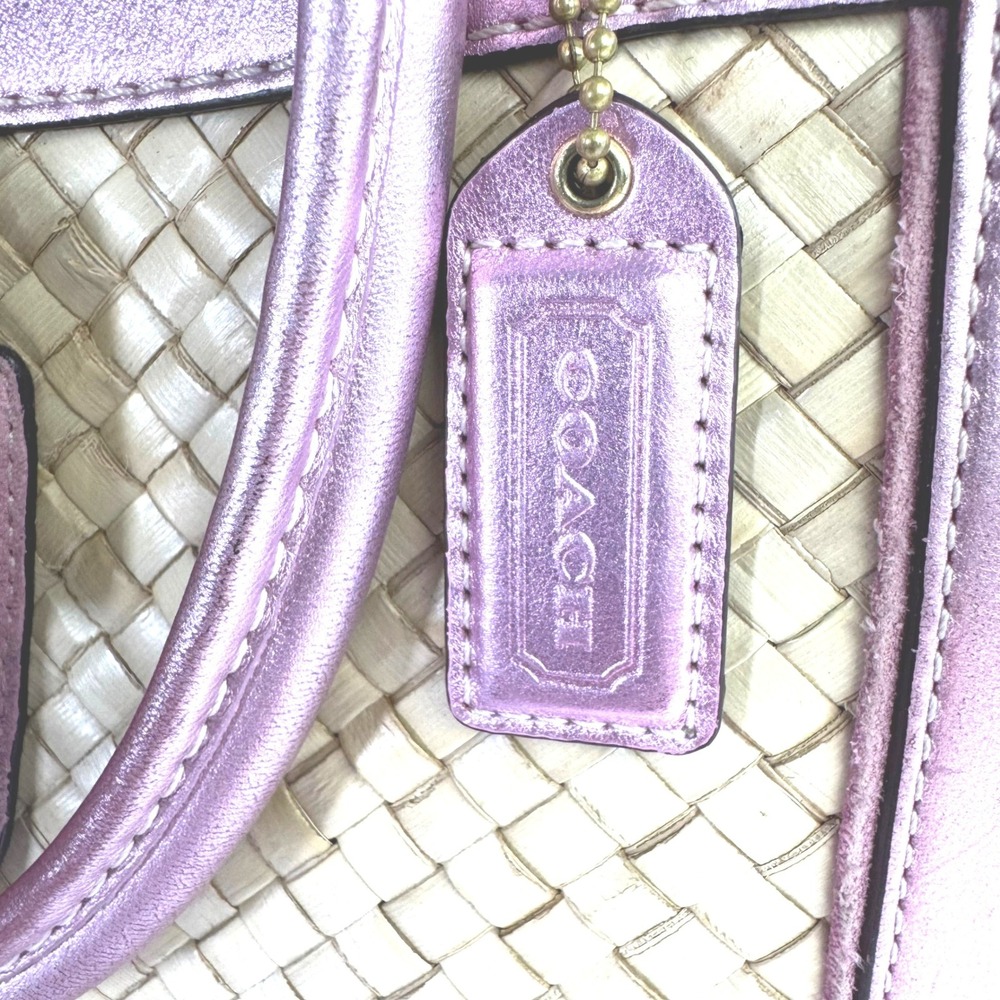 VTG Coach Straw Tote Women Pink Metallic Leather Suede Woven Basket Bag Y2K 4419 - Picture 2 of 15